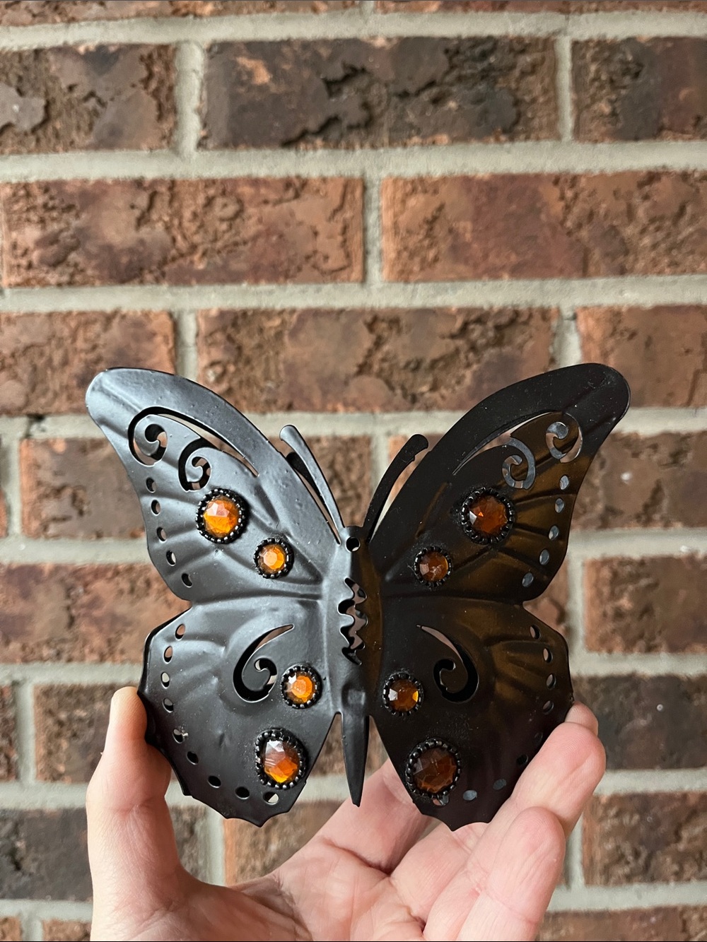 Black Metal Butterfly Candle Holder with Amber Gemstones